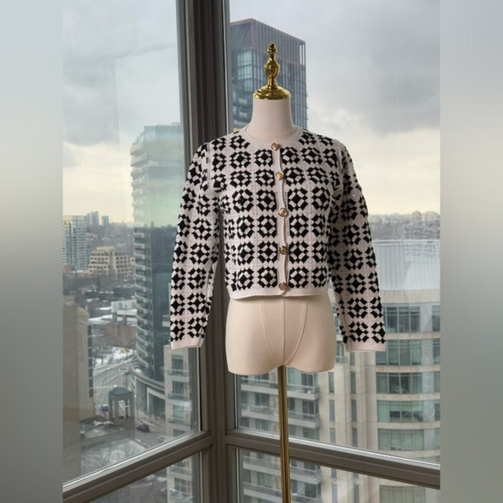 🆕 FARM Rio 🧿 NWT Patch Crochet Black & White Monochrome Button Up Jacket, Sz M - Picture 3 of 15